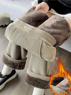 Winter Thicken Lamb Swool Warm Pants Women Casual Elastic High Waist Vintage Wide Leg Trousers New Design Chic Loose Outer Wear Pants
