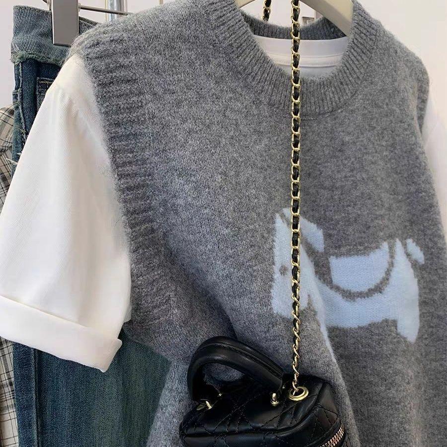 New Japanese Style Grey Knit Vest Women Loose Sleeveless Cardigan Spring Autumn Student Casual Outwear