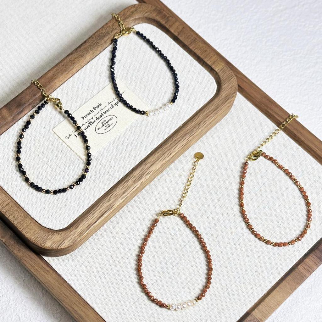 Elegant 3mm Faceted Blue Sandstone Goldstone Pearl Bracelet - Layered High-End Luxury for Women