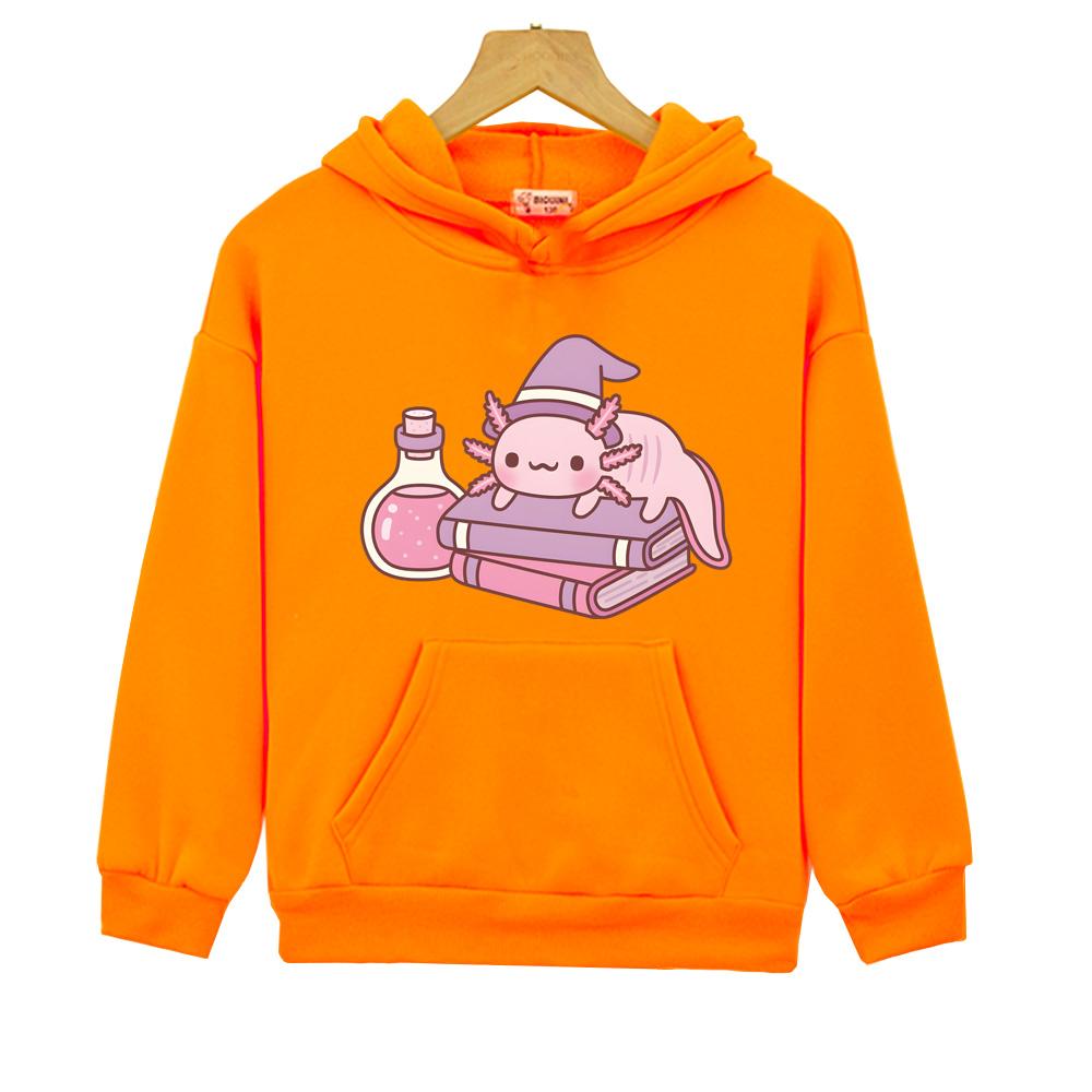 Cute Axolotl on Books Witches Familiar Hoodies Kids Cartoon Print Sweatshirts Children Clothing Girls Clothes Tops