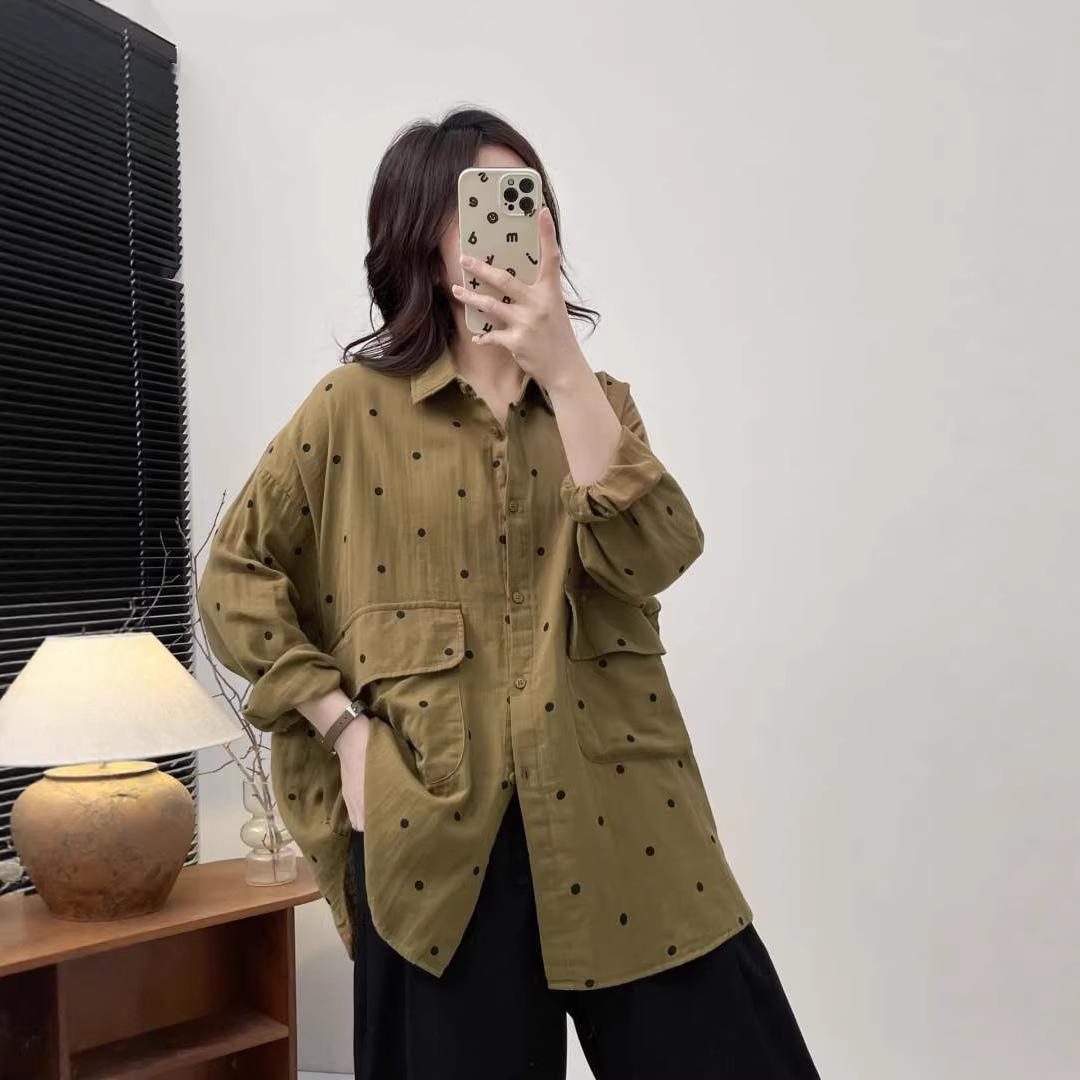 Loose Polka Dot Pure Cotton Double-layer Women s Shirt Cardigan Tops One Size