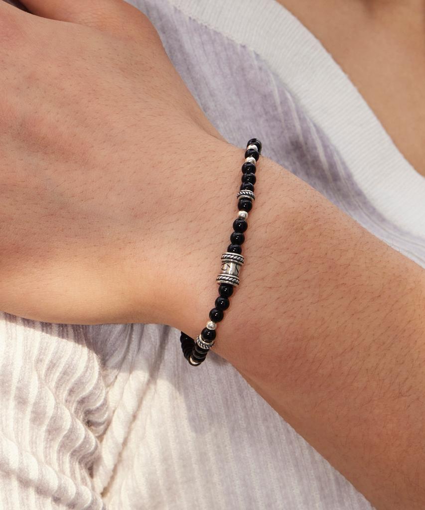Maz Silver Scratch Pendant Black Bead Bracelet