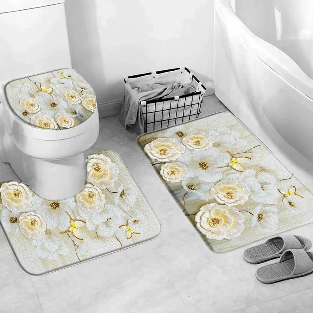 Elegant Bouquet Of Fantastic White Flowers 3D Style Shower Curtain Bathroom Curtain With Bath Rug Carpet Set Floral Home Decor