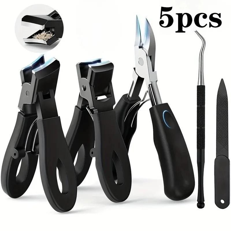 1/5PCS Stainless Steel Toenail Clippers Set with Ergonomic Handle Includes Wide Mouth Angled Scissors Nail File Cuticle Tool