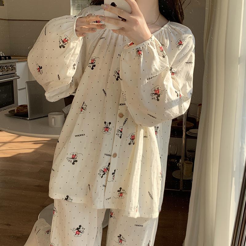 Ladies' Cartoon Pajama Set: Cotton Gauze, Long Sleeve & Pants, Thin Cardigan, Spring/Autumn Style.
