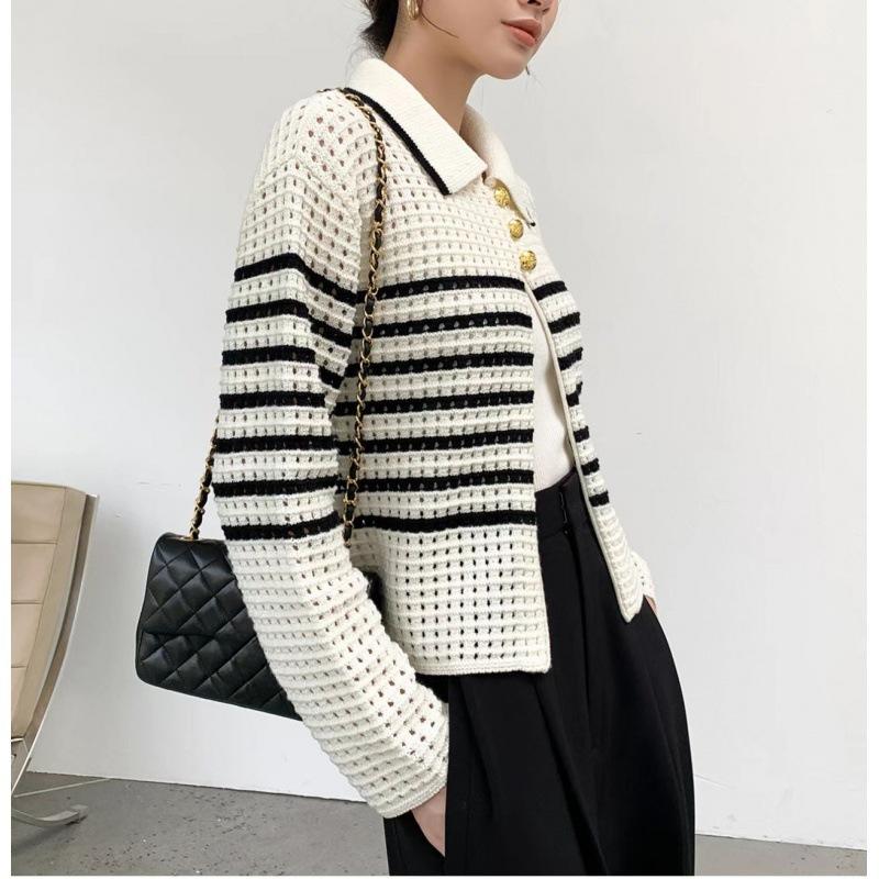 Hollow Striped Knitted Cardigan for Women In Autumn Winter Chic and Sweet Spicy Short Sweater Coat
