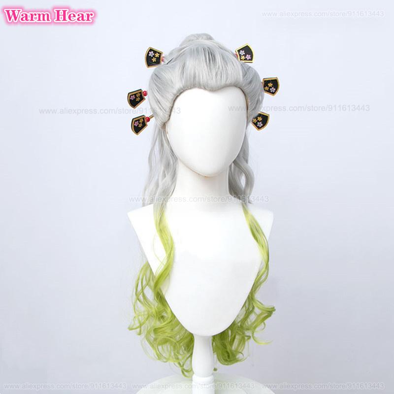 90cm Long Daki Synthetic Anime Silver Gradiented Green Curly With Headwear Heat Resistant Hair Halloween Party Role Play Wigs