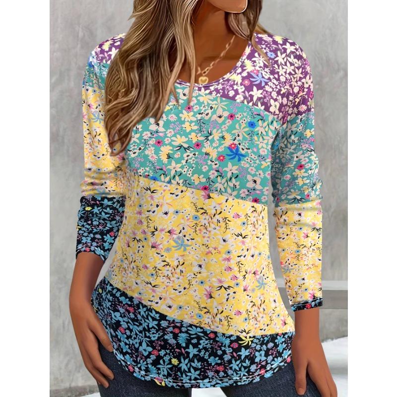 Lebendiges florales 3D-Druck-T-Shirt mit Rundhalsausschnitt und langen Ärmeln, modisches Muster, Damenkleidung, lässige Y2K-Kleidung, Harajuku, Damenkleidung