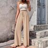 Women's Drawstring Elastic Waist Textured Crinkle Wide Leg Pants Loose Fit Casual Summer Beach Trousers