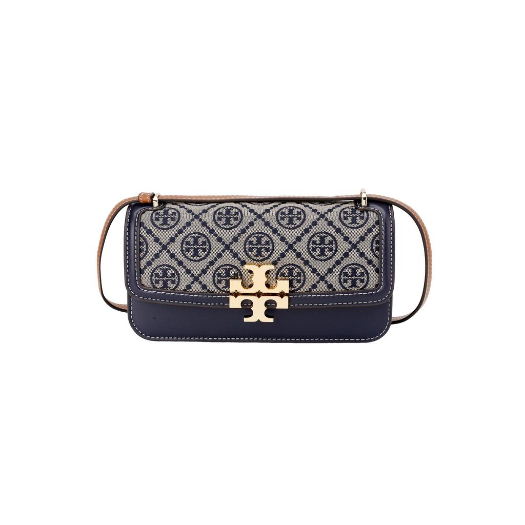 Tory Burch Eleanor T Monogram Logo Magnetic Closure Jacquard And Leather Crossbody Shoulder Bag Small Women Bags Navy-Blue 159013-405
