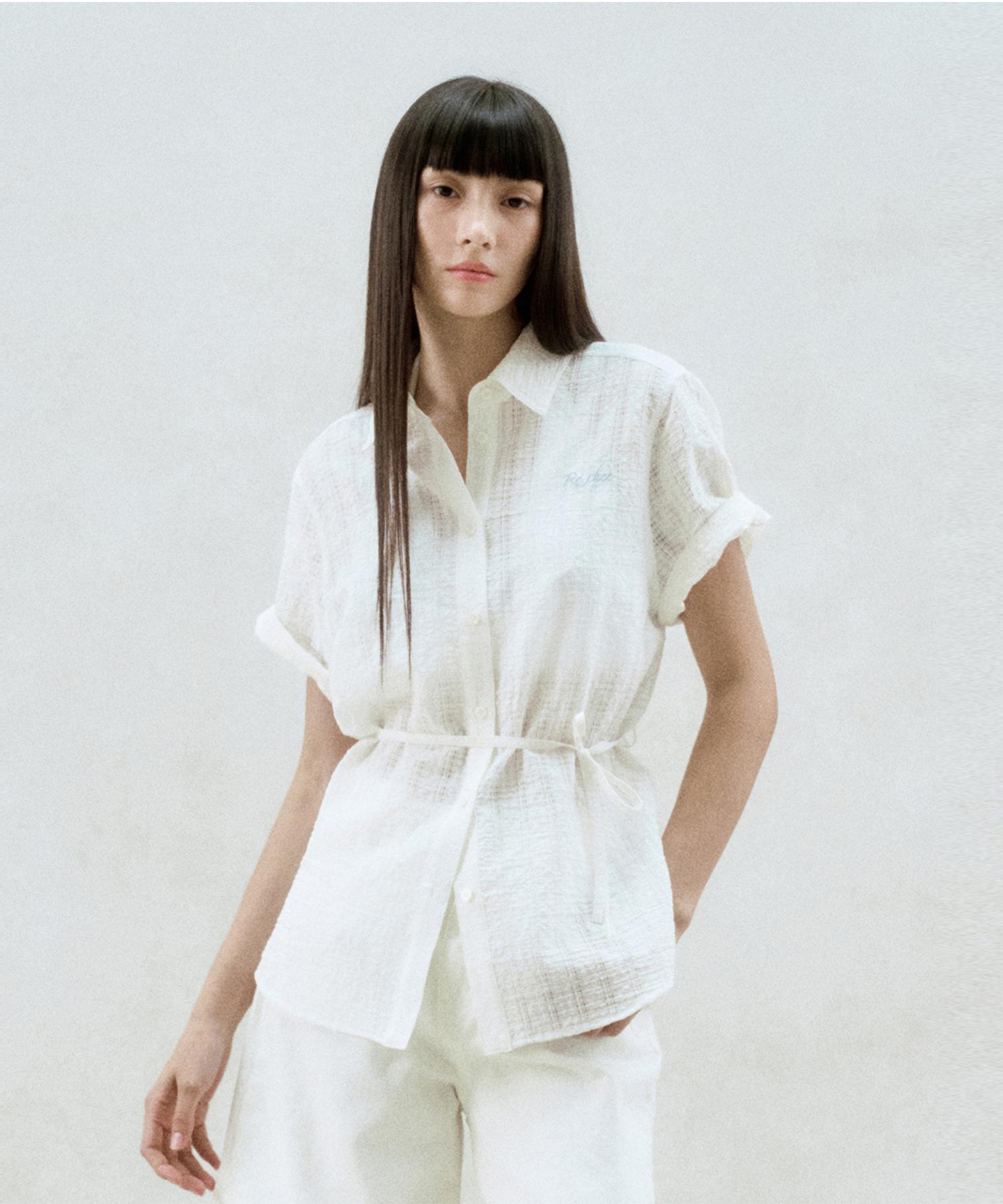 Rie Tie Waist Checked Sheer Shirt White/Free