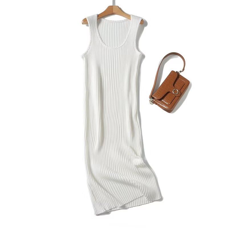 

MD Women s Clothing French Cold Feeling Beige Rib V Neck Knitted Vest Skirt Sleeveless Dress 06613758251 White L