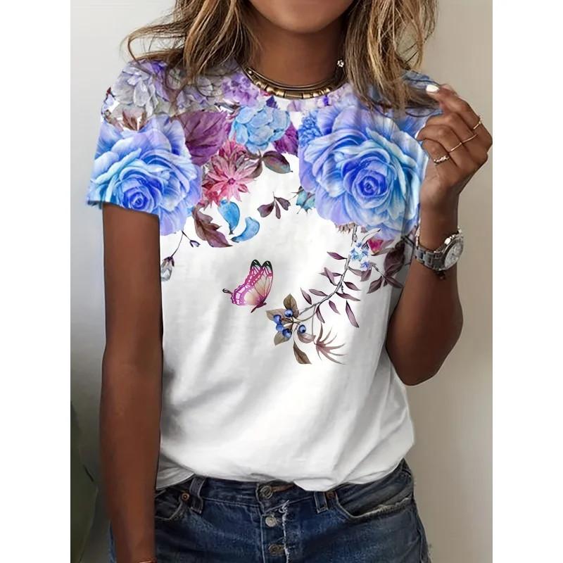 Women's 3D Printed Flower Plant Loose Tee - Short Sleeve Summer Top