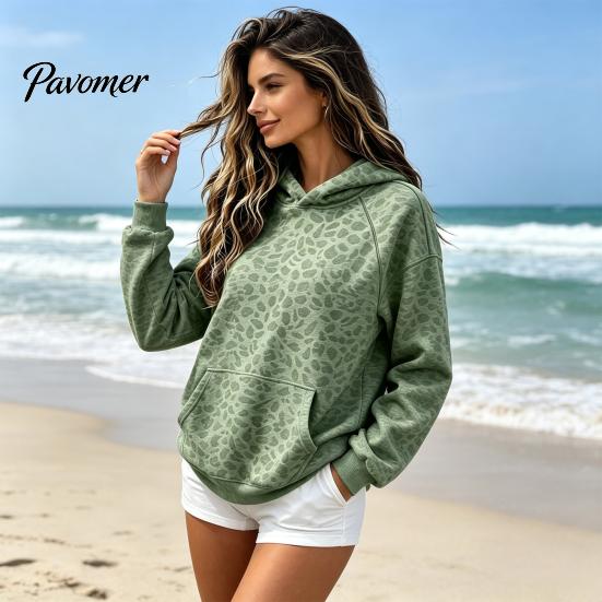 Sweatshirt with Front Pocket Women Leopard Print Hoodie, Oversized Drop Shoulder Hooded Pocket, Hoodie Long Sleeve Loose Casual Pullover Top