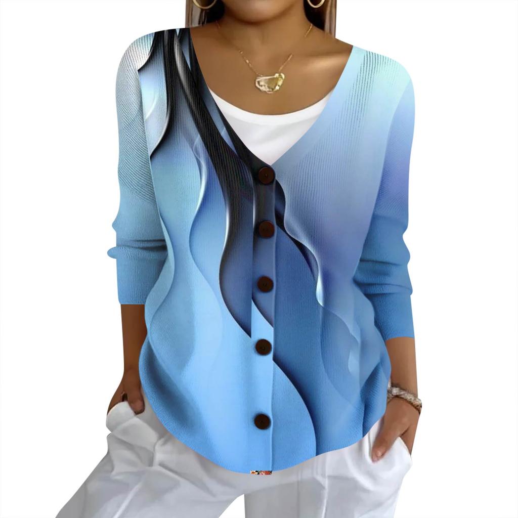 Women's Fashion Casual Knit Sweater Button-Up Floral Print Cardigan Jacket