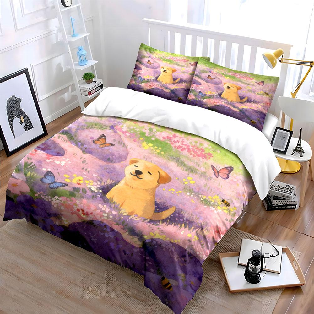 Dog-Themed Spring Field Decor Soft Comfortable Duvet Cover Bedding Set Included 1*Duvet Cover & 2*Pillowcases, Gift