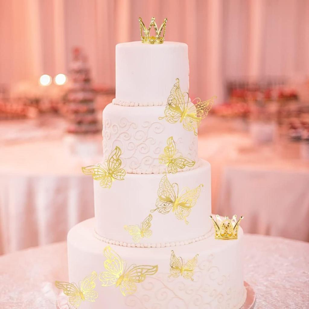 9PCS Crown Cake Topper Mini Tiara with 3D Butterfly Decoration Vintage Pearl Rhinestone Crown Cake Topper Cupcake Topper Cake Decoration