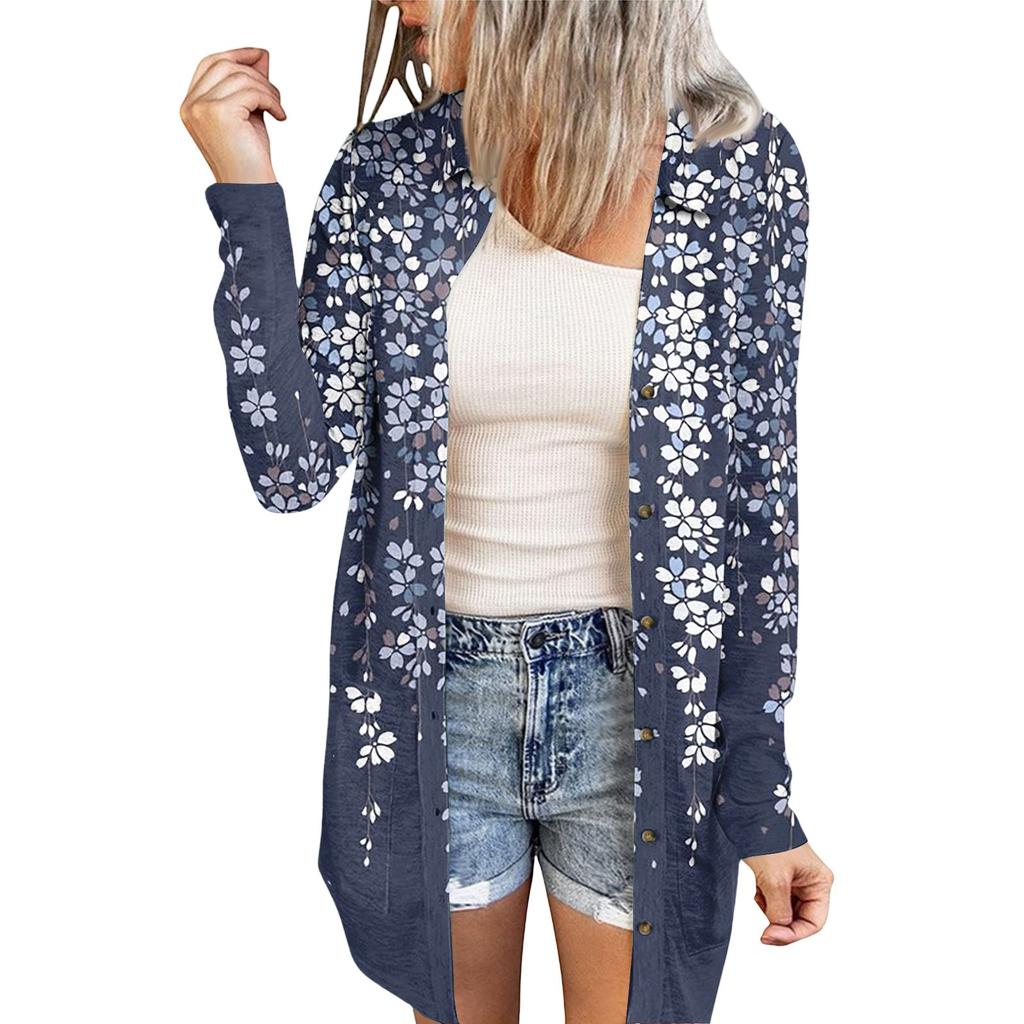 Women's Casual Fashion Floral Print Long Sleeve Mid-Length Cardigan Jacket