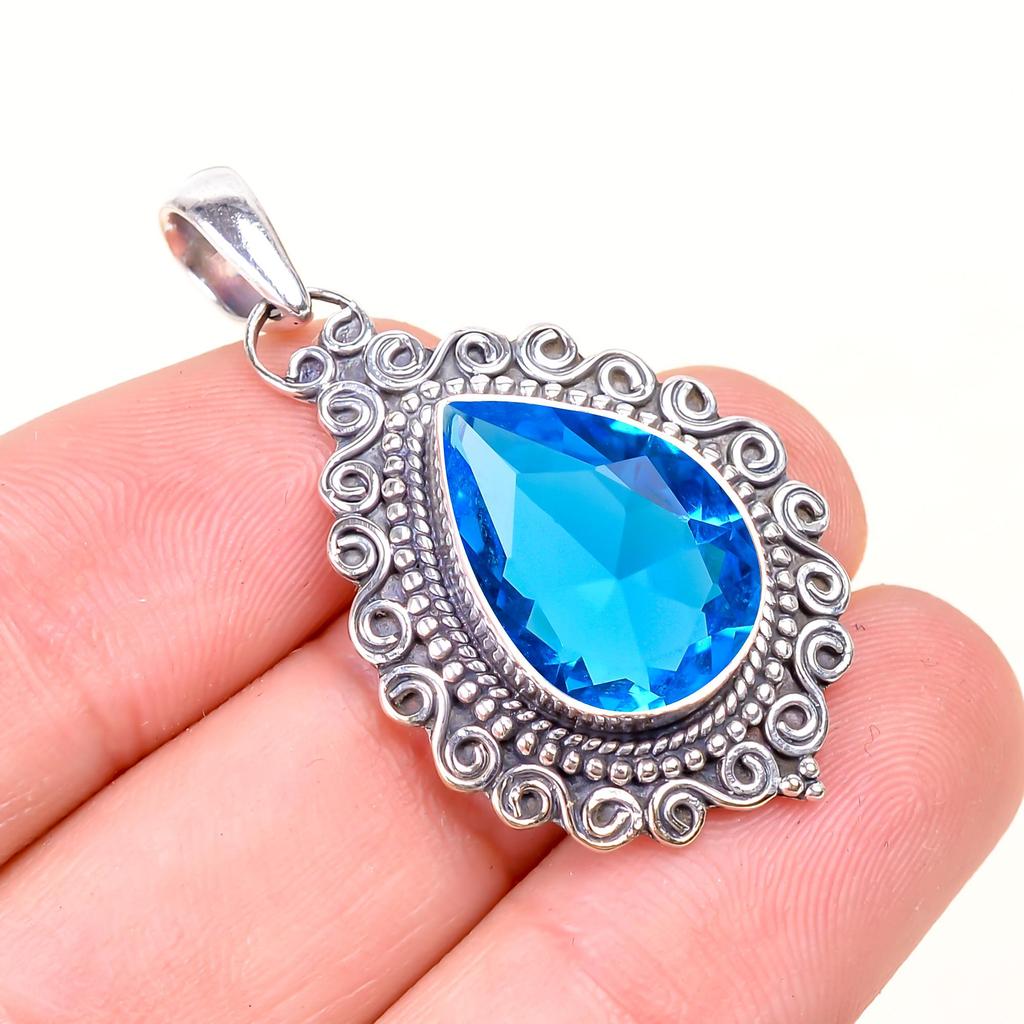 Blue Topaz 925 Sterling Silver Pendant Necklace, Handmade Statement Jewelry Gift For Her