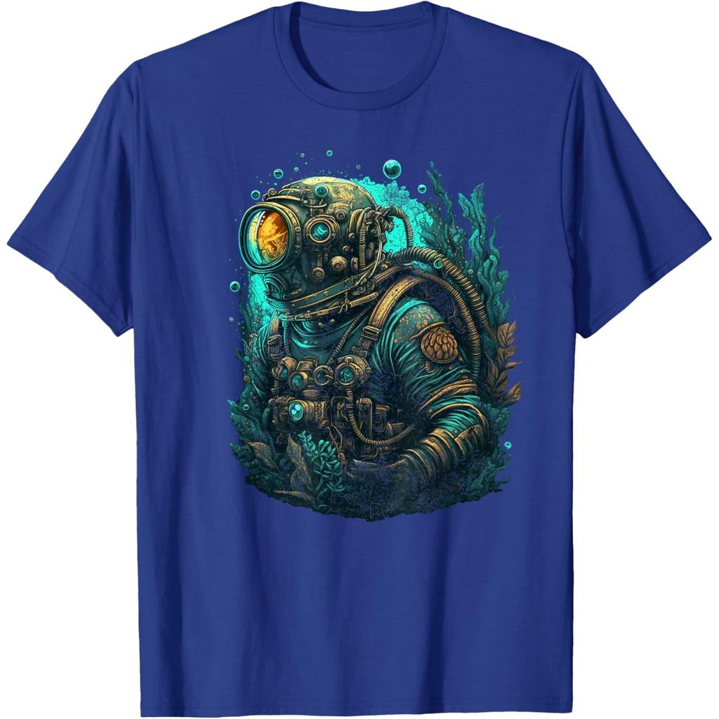 Steampunk Deep Sea Diver Graphic Tee Retro Scuba Suit Print Mens Casual Tshirt