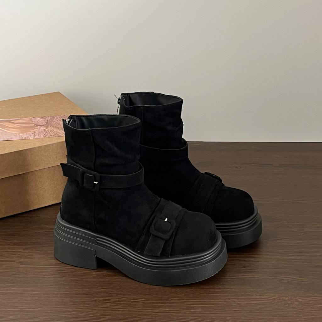 Retro western cowboy boots tube thick-soled British style Martin boots women's low tube new super fire short boots increase height
