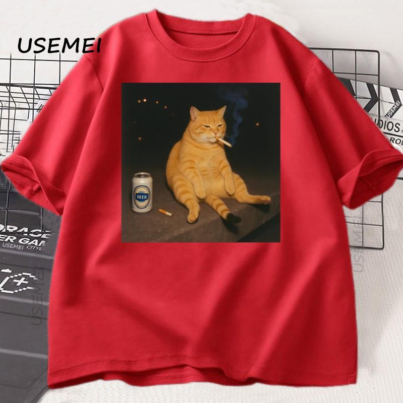 Retro Funny Smoking Cat Meme TShirt Cigarette Cat Tee Stupid Funny Kitty Cat Printed Tshirt Harajuku Streetwear Clothes Tops S