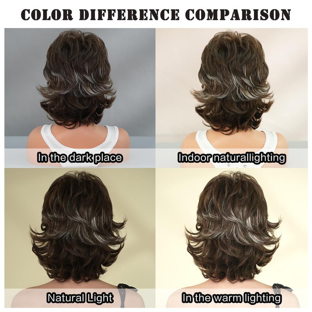 European American Pixie Short Wig for Women - 70s 80s Retro Style Gray Highlighted Short Hair, Summer Cool Synthetic Full Cap Wig, 2 Colors Available