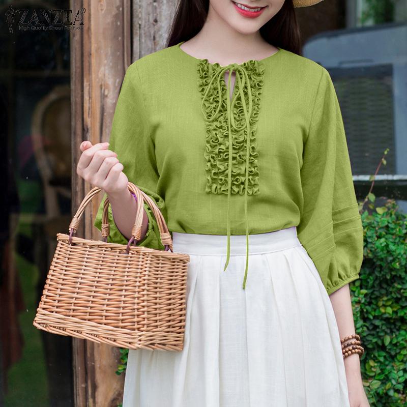 ZANZEA Bluză casual de damă cu volane, mâneci 3/4 și talie legată