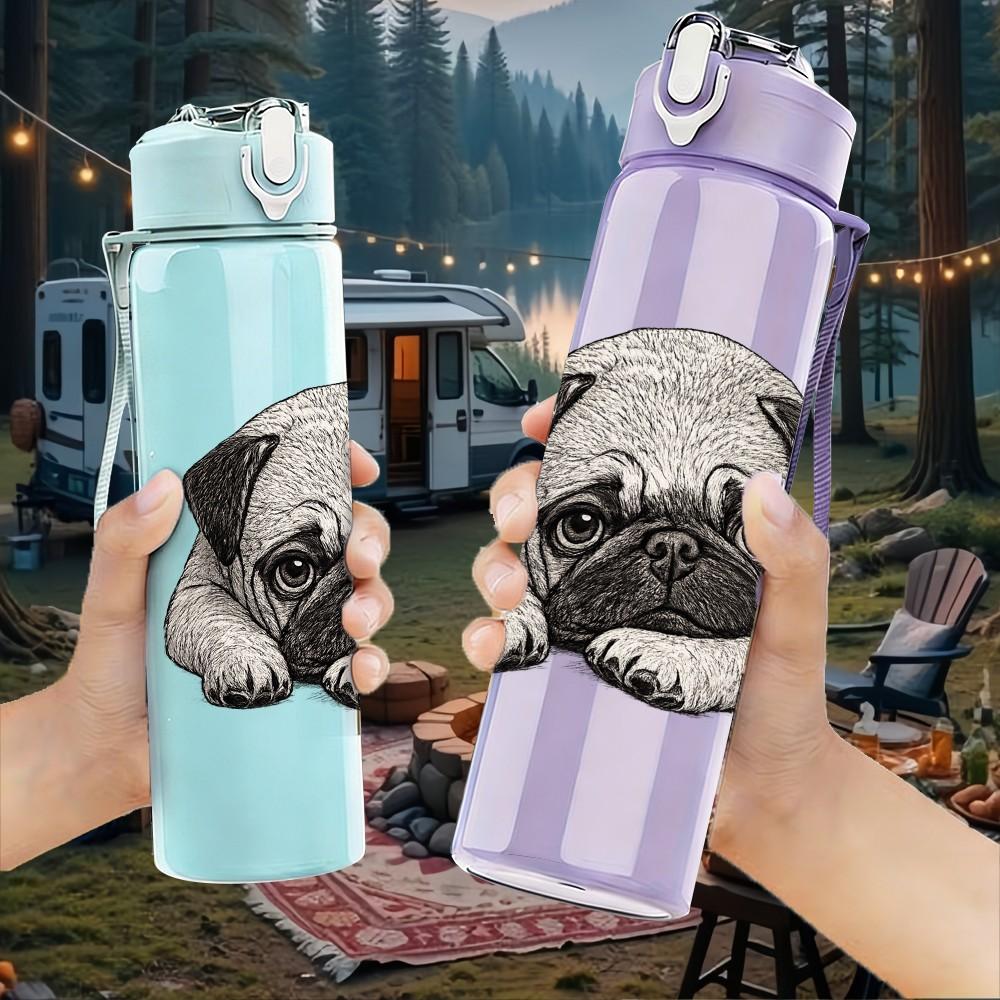 1PC Sad Pug Puppy Dog Pet Portrait Print 750ml Color Plastic Sports Water Bottle Leakproof Flip Straw Lid Suitable for Sports Office Home Use