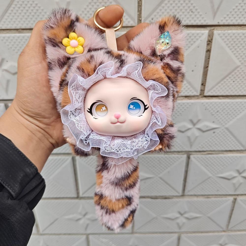 Plush Material Lace Leopard Print Cat Plush Keychain Vinyl Face Doll Pendant Boys and Girls