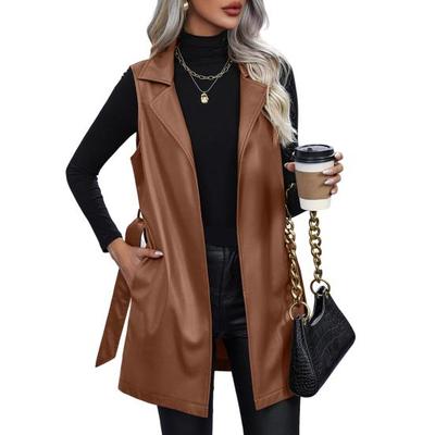 Women Fall Spring Vest Coat with Belt Lace-up Waist Turn-down Collar Smooth Faux Leather Mid Length Cardigan Commuting Shopping Lady Waistcoat