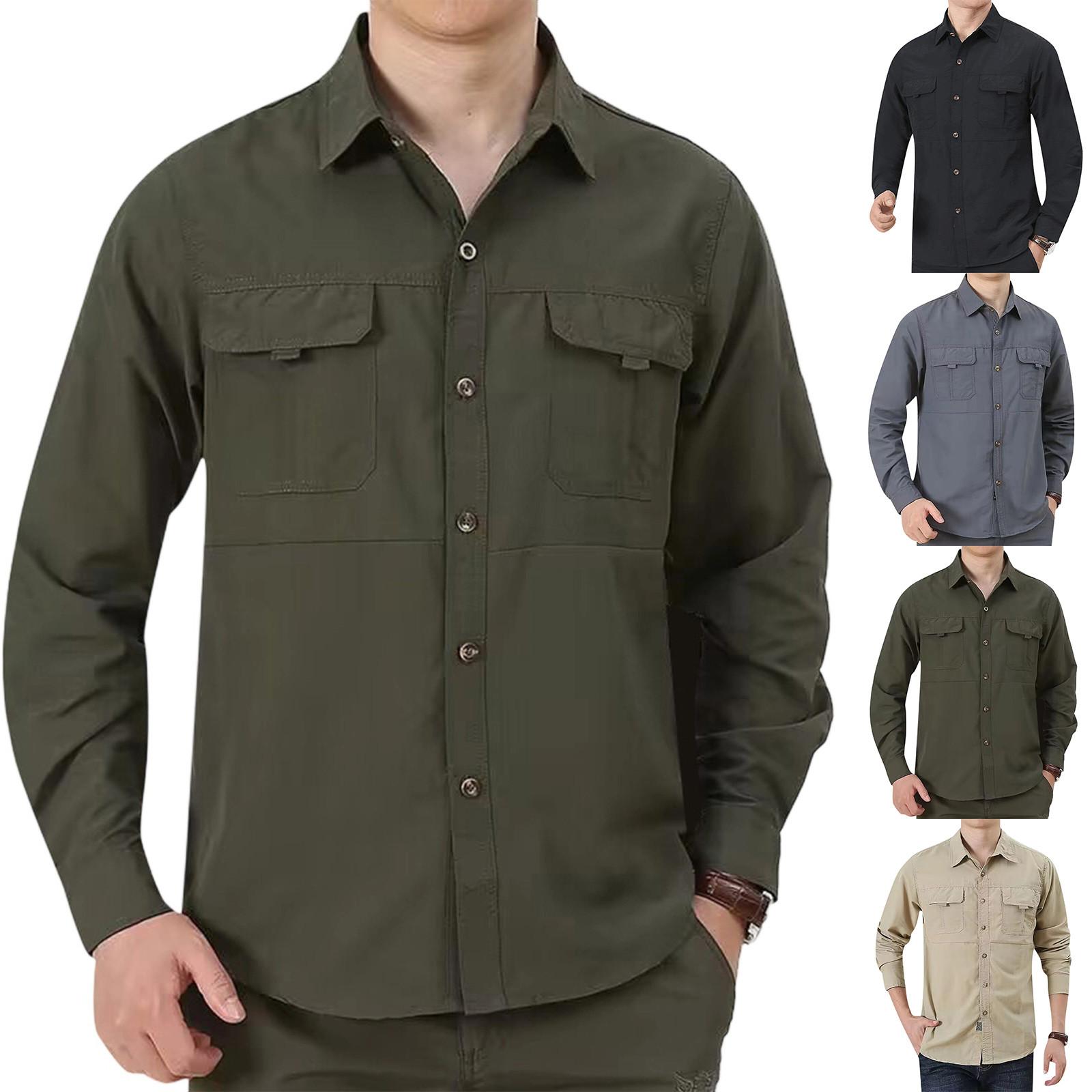 

Men S Shirt With Double Pockets, Casual Long Sleeved Top, Fashionable Cardigan XL хакі