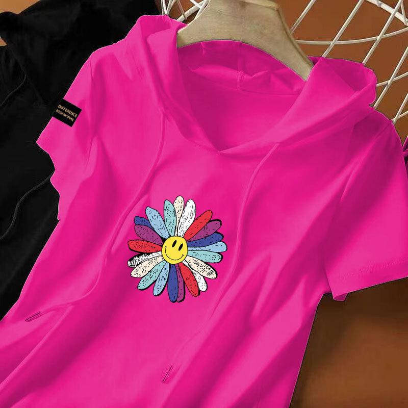 

100% Cotton Ethnic Style Hooded Summer Sweatshirt – Women s Casual Loose Short Sleeve Top XL (for 110-125 lbs) розы красного