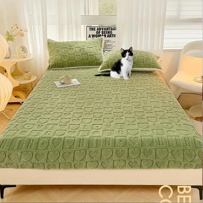Flannel Love Pattern Bed Sheet Milk Fleece Single Bed Sheet Autumn/winter Thickened Warm Plush Sheet Solid Color Fitted Sheet Home Bedding