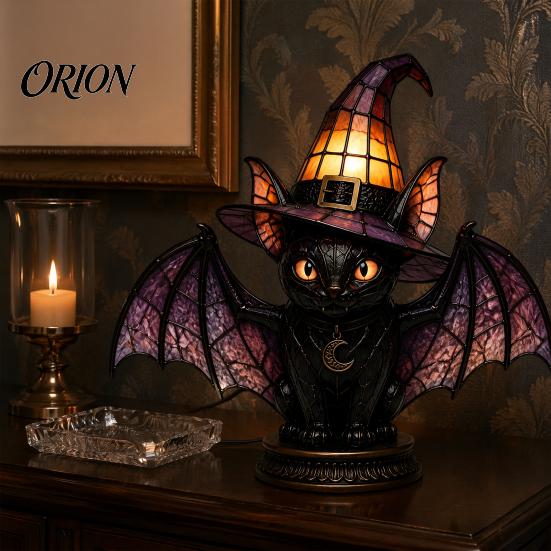 Atmosphärische Beleuchtung für Schlafzimmer Schwarze Katze Hexenhut Tischlampe, mit verträumtem lila Licht, dunkle Ästhetik Gothic Ornament Retro Halloween Ornament,