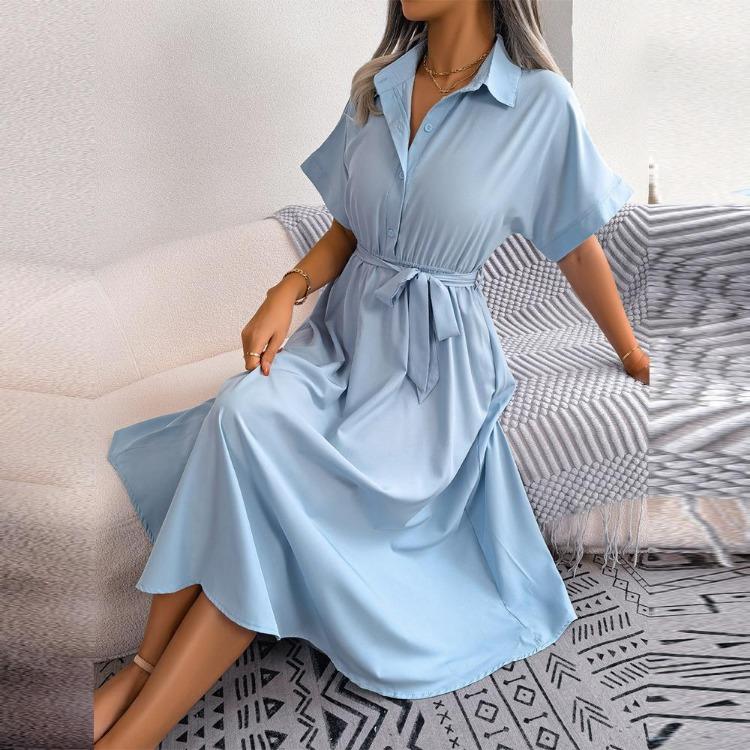 Women Casual Loose Button Dress Spring Summer Solid Color Lace Up Shirt Skirt Lapel Neck