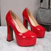 Kadın Rugan Yüksek topuklu ayakkabılar Bayan Su Geçirmez Platform Yüksek Topuklu Kadın Yuvarlak Ayak Kalın Topuk Tek Ayakkabı Kadın Ofis iş ayakkabısı OL Ayakkabı