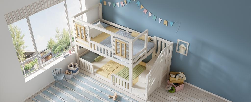 Bunk Bed 90x200 cm White Cabin Style with Wooden Windows and Stair Cabinet, with 2 Sleeping Surfaces, Slatted Frame Included, EN 747, without Mattress