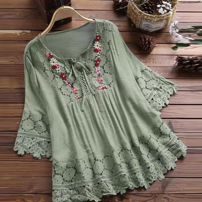 

Женская кружевная вышивка с цветочным узором, свободная рубашка размера плюс с половиной рукава 5XL зелёный