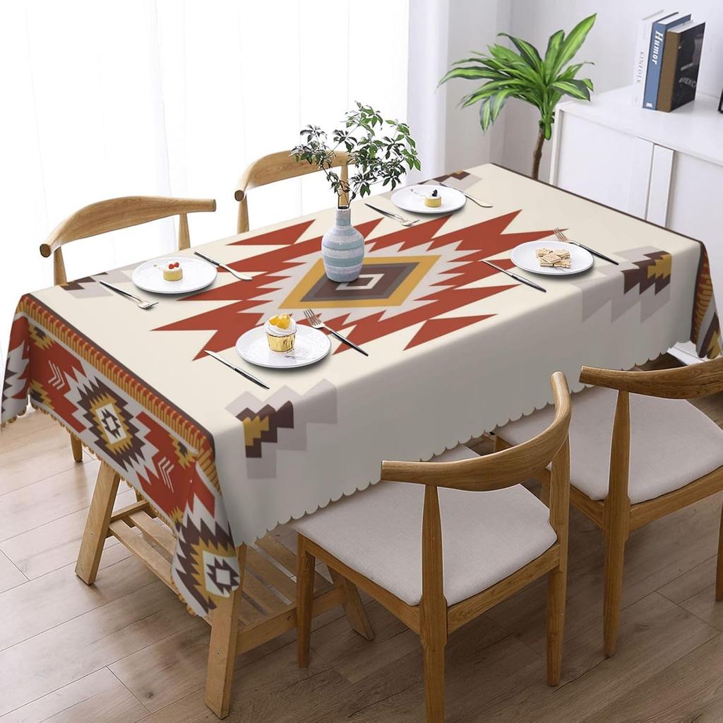 Southwestern Aztec Rusty Red Tablecloth, Tribal Geometric Navajo Rectangular Washable Cover for Home Dining