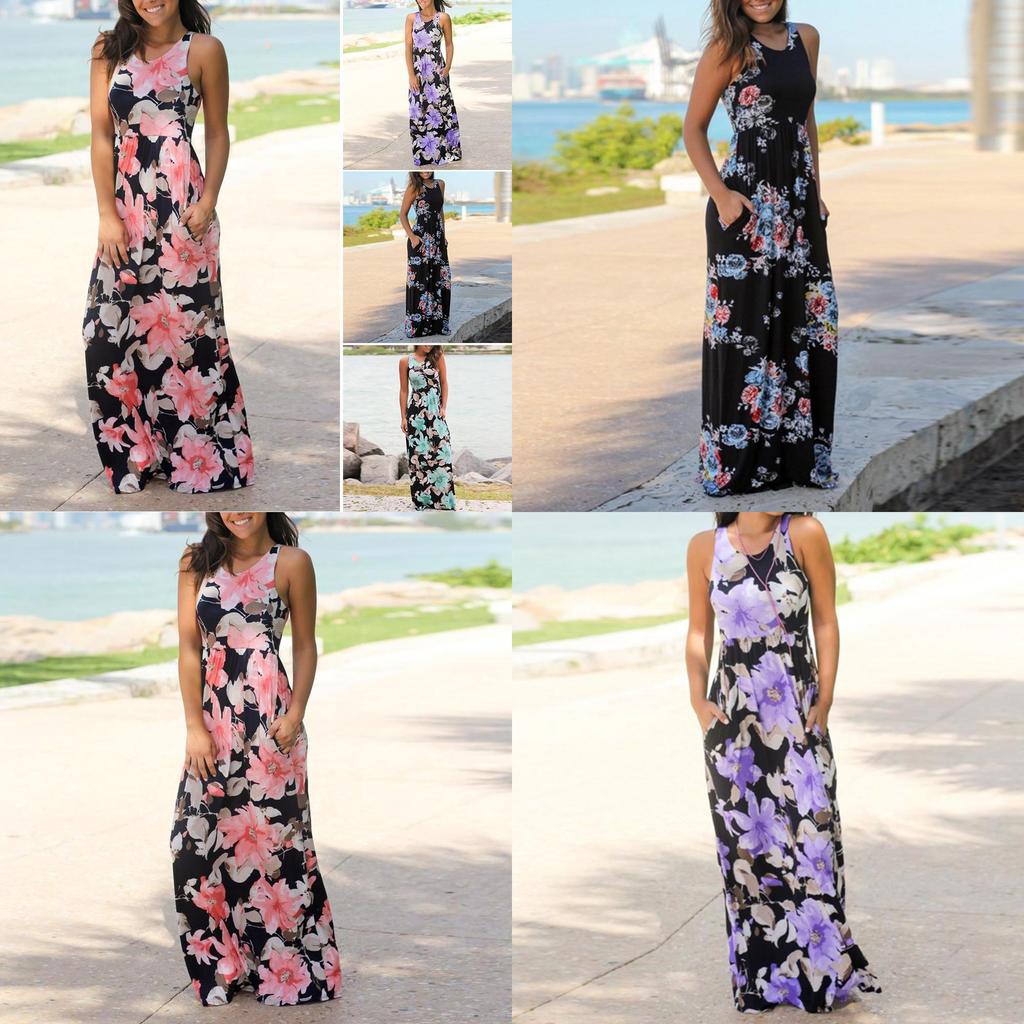 Summer Women's Elegant Casual Sleeveless Floral Printed Beach Dress Long Sundress