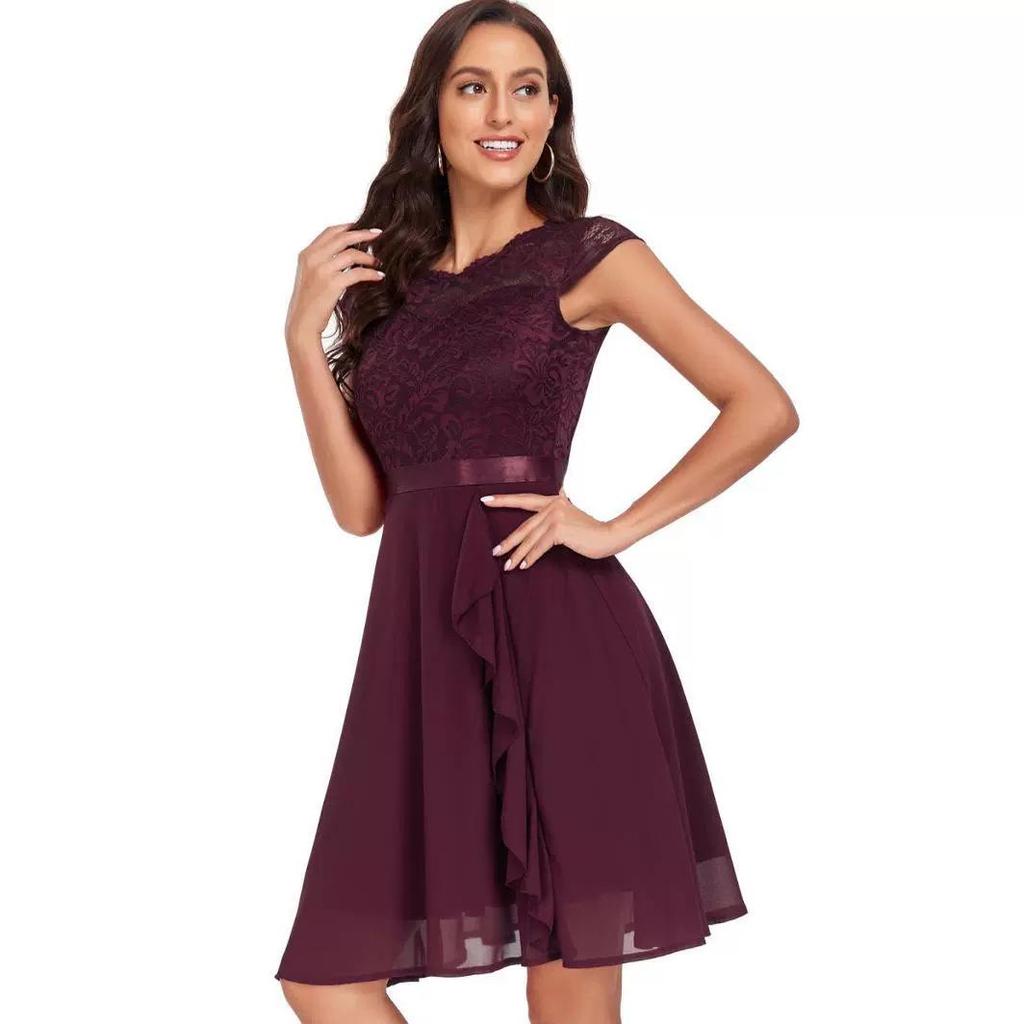 Plus Size Women's Lace Patchwork Chiffon Dress - Round Neck, Waist-Slimming, Big Swing, Hepburn Style