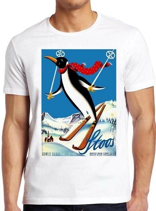 Ski Penguin Swiss Alpine Switzerland Travel Poster Cool Gift Tee T Shirt M304 L
