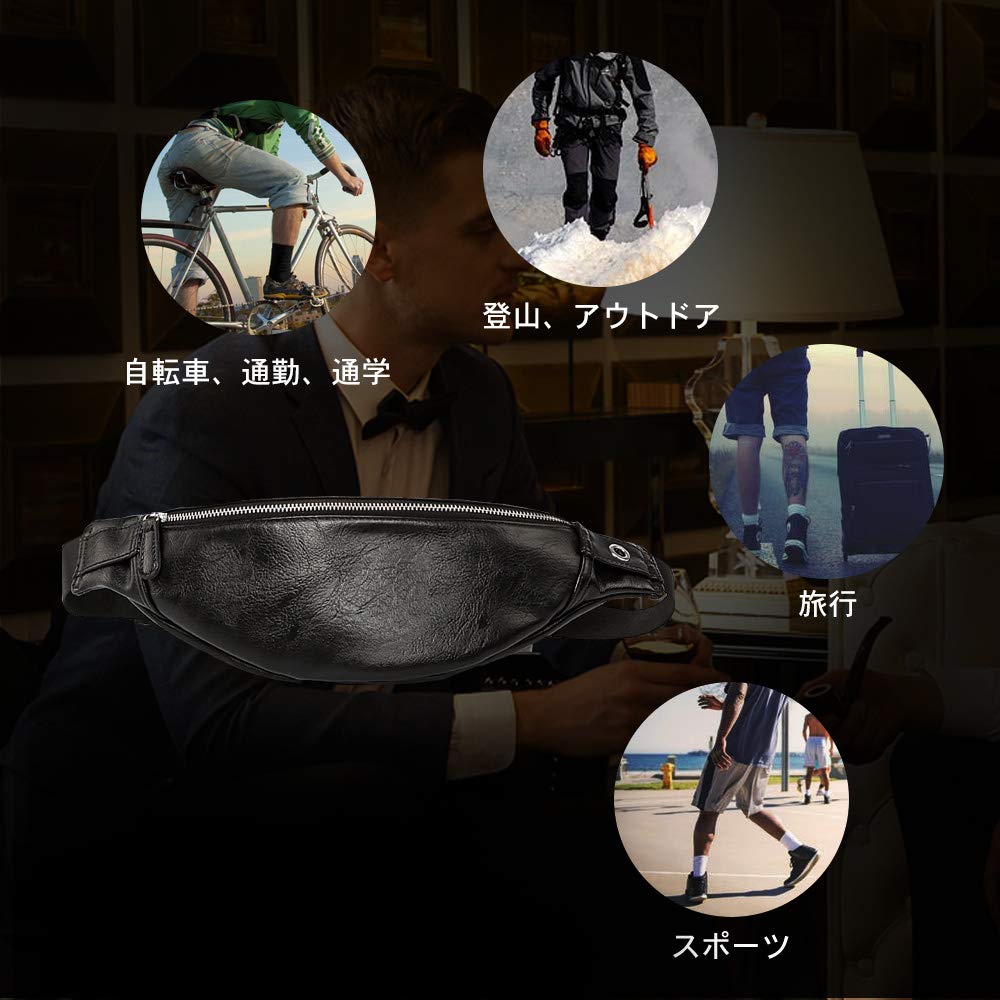 Whatna Leather Body Bag for Waist Pouch with Earphone Crossbody Sports Leather Black 3-Way Bag/One-Shoulder Men, Hole, Bag, Bag, Water-Repellent, Bag,