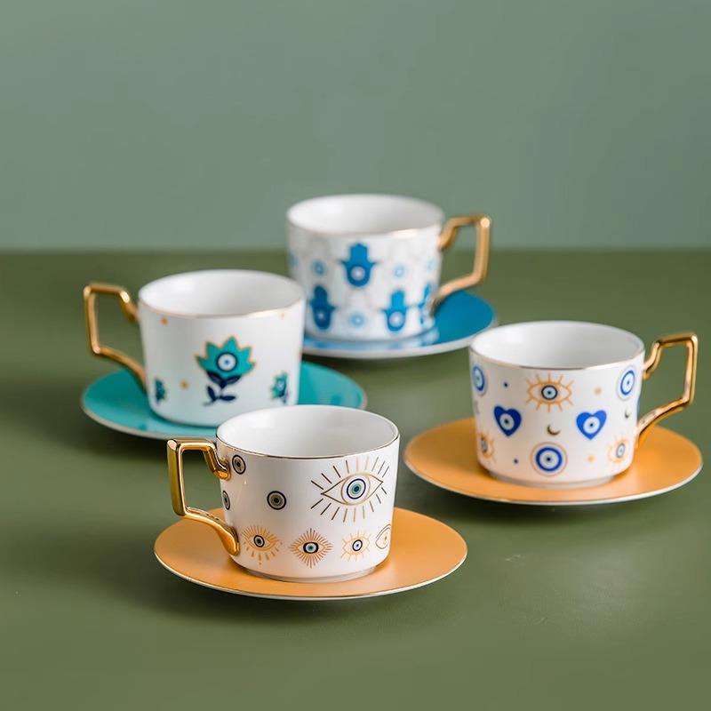 Juego de Taza de Café y Té de Cerámica con Platillo, Moda Europea Azul Ojo Maligno, 250ml, para Té de la Tarde en Casa