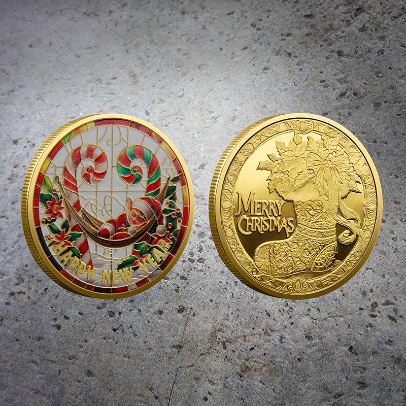 Christmas commemorative medal, European and American Santa Claus, sled, deer, colorful commemorative gold coins, decision game coins