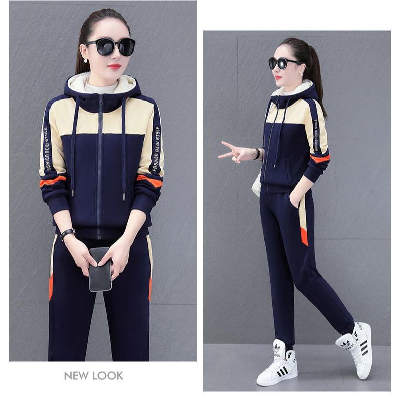 Women's Autumn Winter Fleece-lined Thickened Sports Suit Hooded Sweatshirt Two-piece Set Korean Style Warm Clothing