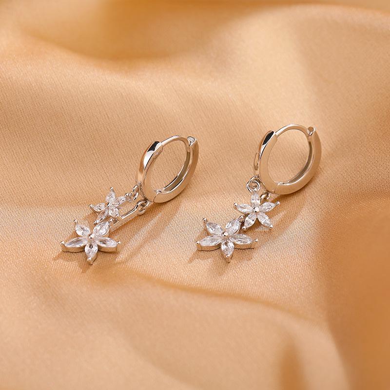 2024 New Zircon Flower Sterling Silver Circle Earrings for Women - Elegant, Trendy, and Exquisite Design.