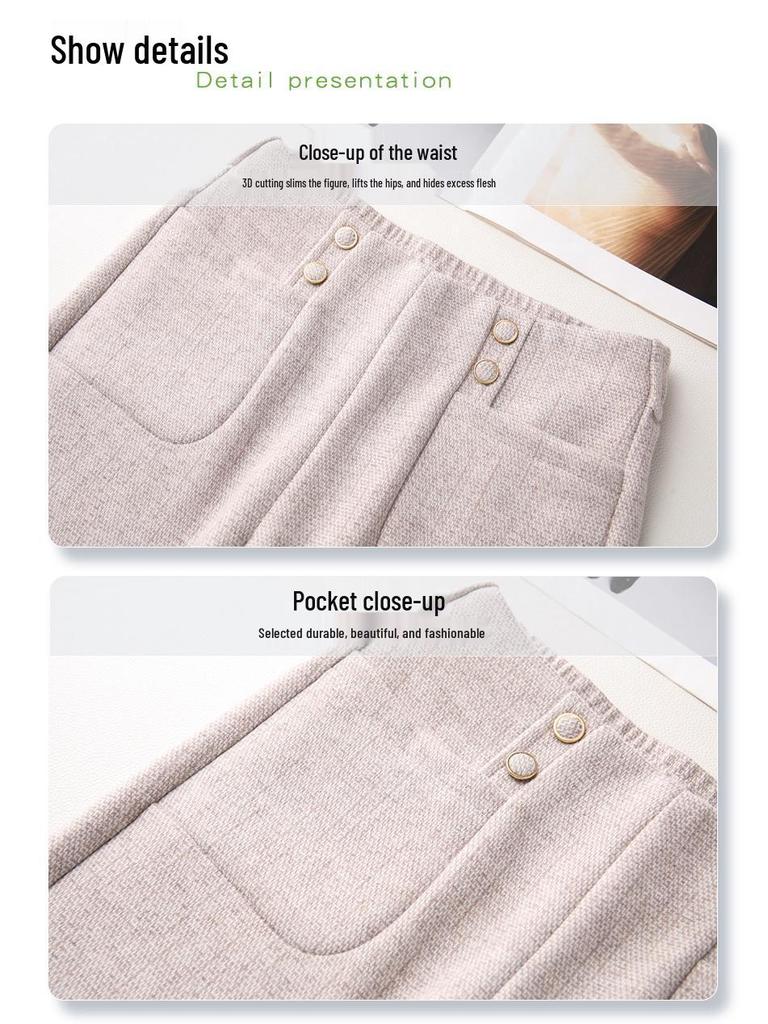 Women's High-Waist Khaki Wool Blend Flared Pants - 2024 Autumn/Winter Style