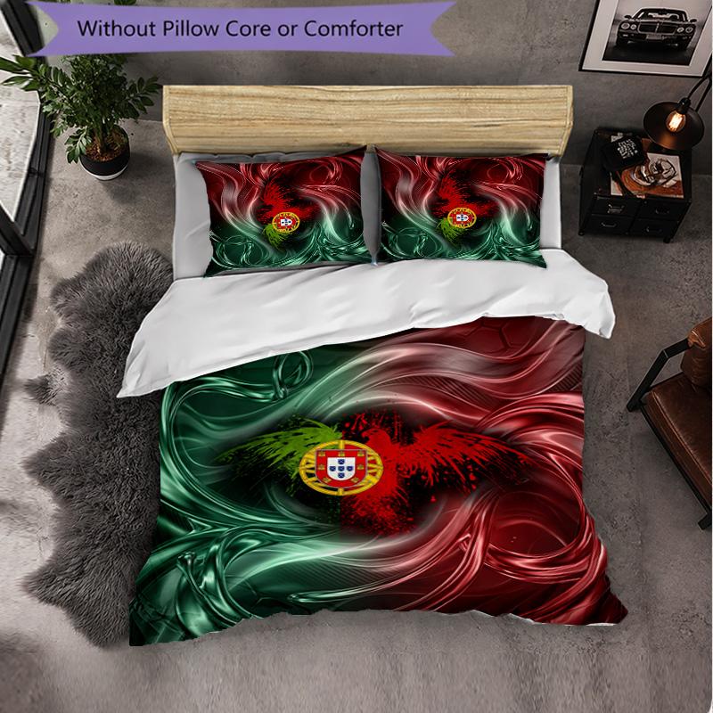 Portugal Football Pattern 3 Pieces Bedding Set Soft Microfiber Duvet Cover with Pillow Cases for Bedroom